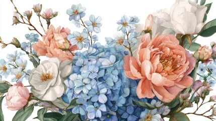 a bouquet of flowers with various shades of blue, pink, and white, beautifully arranged in a vase. the floral arrangement is vibrant and captures the essence of nature's colors