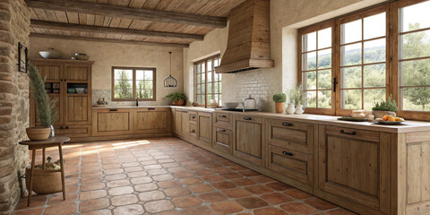 Earthy kitchen with clay tiles, natural wood, and daylight windows.
