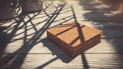 Stack of square cork coasters on a light wooden surface.