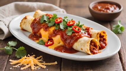 Delicious beef enchiladas with melted cheese, spicy red sauce, and fresh cilantro on a white plate