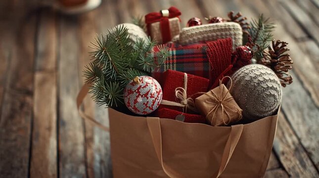 A brown paper bag filled with christmas ornaments and wrapped gifts on a wooden surface indoors