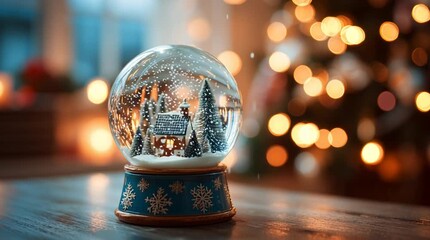 Close up of a christmas snow globe with a house and trees on a wooden surface with bokeh lights - Powered by Adobe