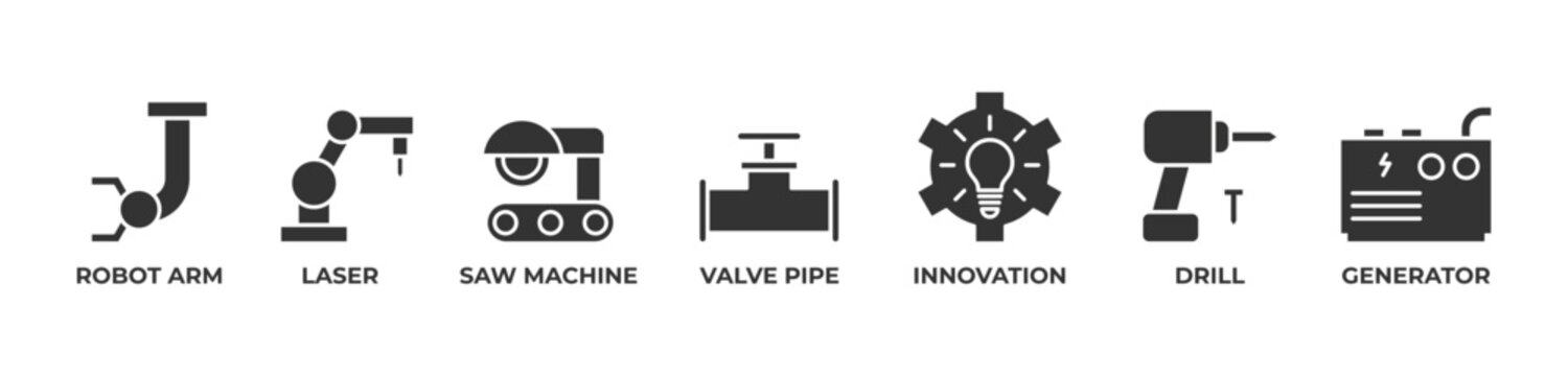 Advanced Industrial Innovation Icons set vector illustration glyph with  Robot arm, Laser, Saw machine, Valve pipe, Innovation, Drill, Generator
