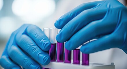 Scientist wearing blue gloves carefully handles test tubes with purple liquid