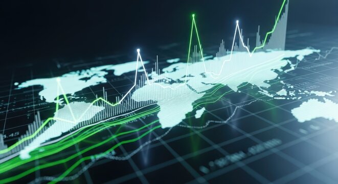 Global financial markets with digital world map and stock market data