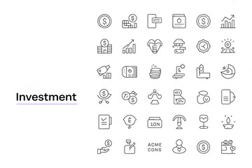 Collection of thin line icons representing investment and finance concepts
