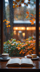 wooden table reading setup with creamy coffee slice of cake open book beside rainy window fall leaves outside peaceful cozy warm autumn mood autumn rainy interior design wallpaper background