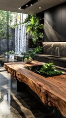 Modern kitchen with a large, raw wood island, featuring a cascading waterfall
