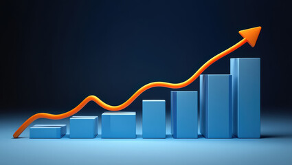A Dynamic Bar Graph with an Ascending Orange Arrow Against a Gradient Blue Background Visualizing Growth, Progress, and Positive Business Performance