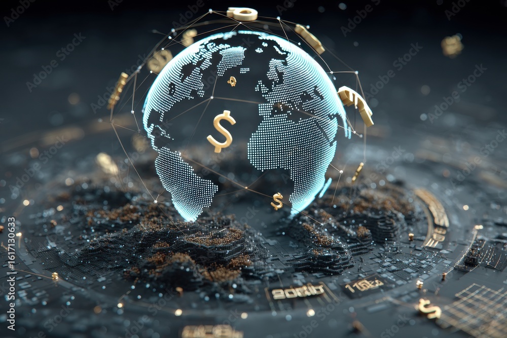 Poster digital sphere representing global finance and connectivity with glowing monetary elements