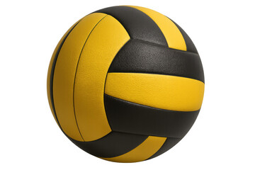 Rotating volleyball in classic yellow and black, transparent backdrop highlighting spherical design for sports graphics and digital media