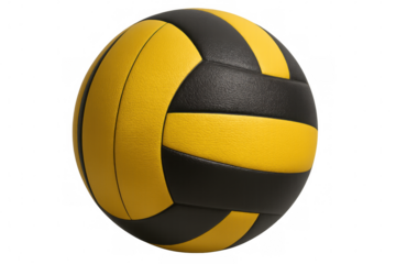 Rotating volleyball in classic yellow and black, transparent backdrop highlighting spherical design for sports graphics and digital media