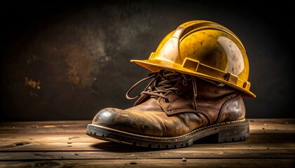 A worn safety helmet and work boot rest on a rustic wooden surface, suggesting a hard day's work.