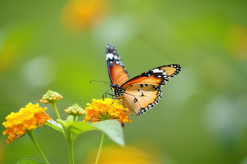 Delicate Monarch Butterfly Sipping Nectar from Vibrant Yellow Lantana Flowers in a Lush Green Garden Setting, Capturing the Essence of Summer's Beauty and Nature's Harmony