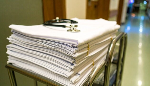 A stack of medical paperwork with a stethoscope resting on top.