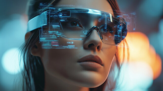 cyber woman wearing augmented reality glasses with holographic interface - Powered by Adobe