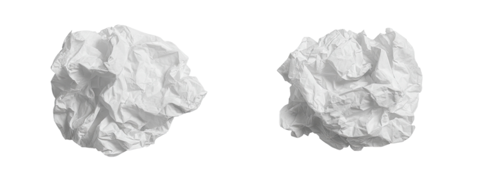 Two crumpled pieces of white paper