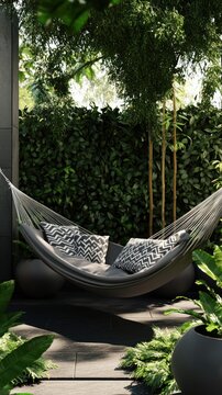 Gray hammock nestled in a lush, tropical patio