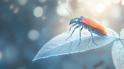 An iridescent beetle resting on a translucent crystal leaf