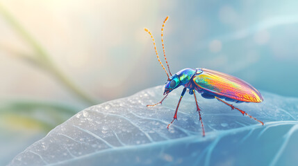 An iridescent beetle resting on a translucent crystal leaf