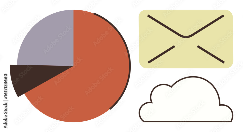 Poster pie chart visualizes data segments, accompanied by envelope and cloud imagery. ideal for communicati