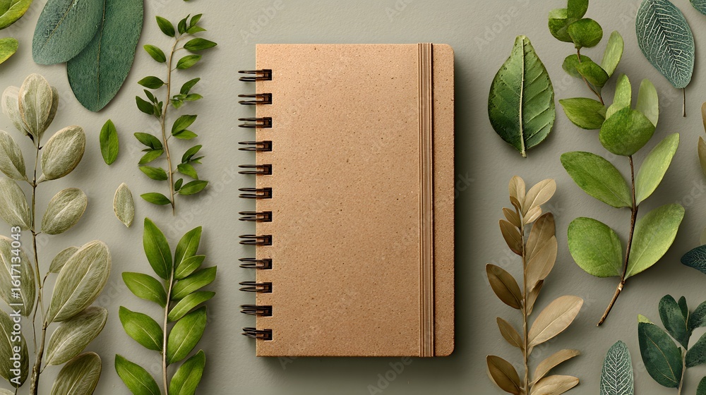 Poster recycled notebook surrounded by assorted greenery.