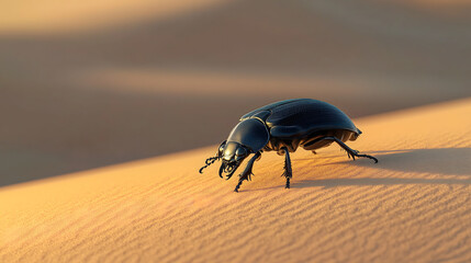 A black beetle slowly crawling over smooth sand dunes