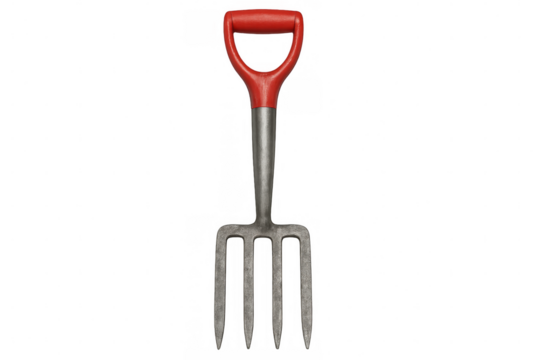 Durable metal garden fork with a bright red handle, ideal for digging and turning soil, isolated on a transparent background