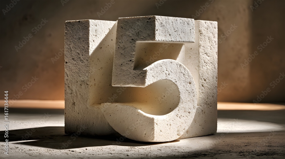 Poster carved stone number five within a cubic form.