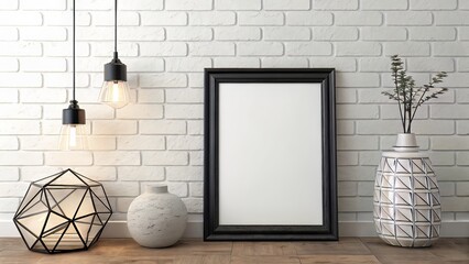 Black Frame on Brick Wall with Studio Decor and Realistic Lighting