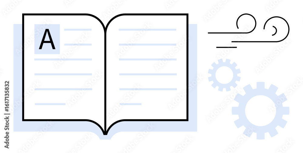 Poster open book with text lines, wind-thumbs up curves symbolizing ideas, and gears for process flow. idea