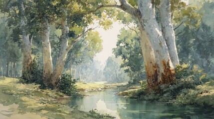 Watercolor painting of a serene creek flowing through a sunlit forest with tall trees
