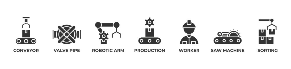 Automated Excellence Icons set vector illustration glyph with Conveyor, Valve pipe, Robotic arm, Production, Worker, Saw machine, Sorting