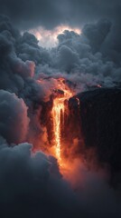 Volcanic lava flow down cliff