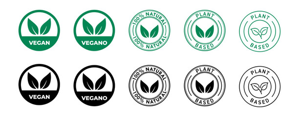 Collection of vegan logos and organic badges with nature-inspired elements – leaves, circular shapes, and green color schemes. Great for branding food labels, restaurant menus, product packaging