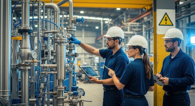 Maintenance crew performing routine checks on a plasma arc wastegasification skid system installed in a large industrial factory.