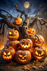 Scary jackolanterns glow with light under a full moon and spooky tree branches on halloween night