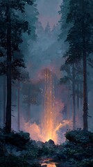 Mystical forest fire at night