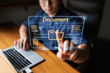 Navigating Digital Documents A Man's Touch on a Futuristic Interface for Seamless File Management and Workflow Optimization in the Modern Office Environment