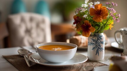 Warm soup in a white bowl with flowers and table setting