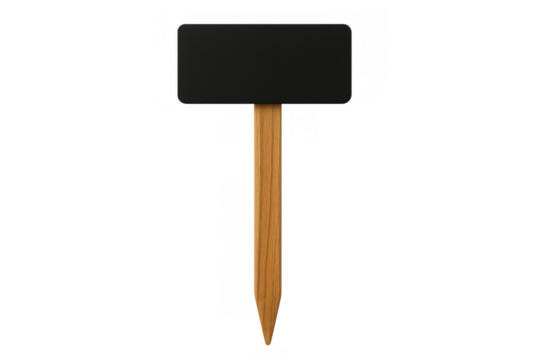 Black rounded rectangle sign on wooden stick with transparent background, perfect for adding custom text or graphics