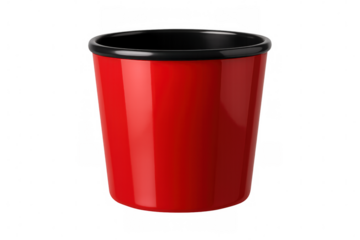 Shiny red disposable plastic cup with black rim, isolated on transparent background, ideal for picnics, parties, and everyday use