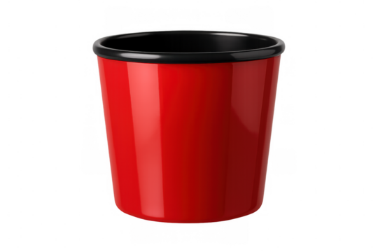 Shiny red disposable plastic cup with black rim, isolated on transparent background, ideal for picnics, parties, and everyday use