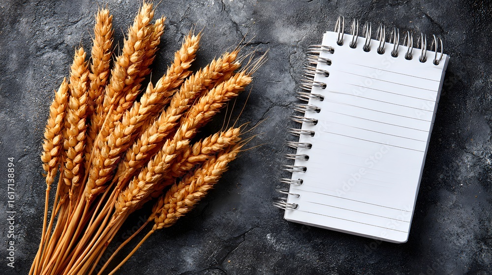 Poster wheat ears and a blank notebook on a dark surface.