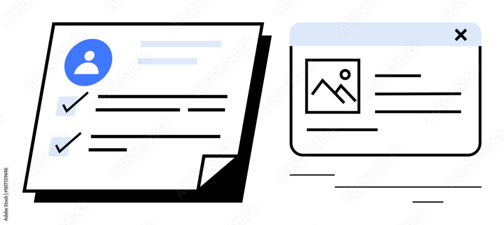 Poster profile document with checkmarks and web content window with text and image preview. ideal for data 
