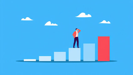 A Man Standing Atop Rising Bar Graphs Gazing Towards a Distant Peak Representing Ambition, Achievement, and the Determination to Overcome Challenges in Pursuit of Goals