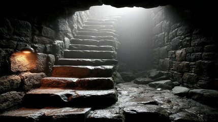 Mysterious Stone Staircase Ascending Towards Bright Light in Ancient Underground Cavern