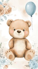 Cute teddy bear illustration.  Pastel-toned, whimsical, floral backdrop.  Light blue balloon floats above