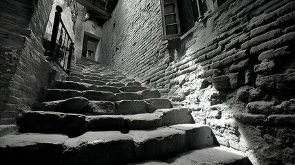 Dramatic Stone Stairway Ascending Between Textured Brick Walls in High Contrast Black and White