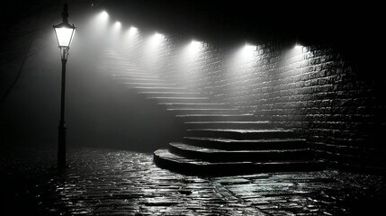 Chiaroscuro on a Foggy Night: Lamplit Stairs on a Wet Cobblestone Street.